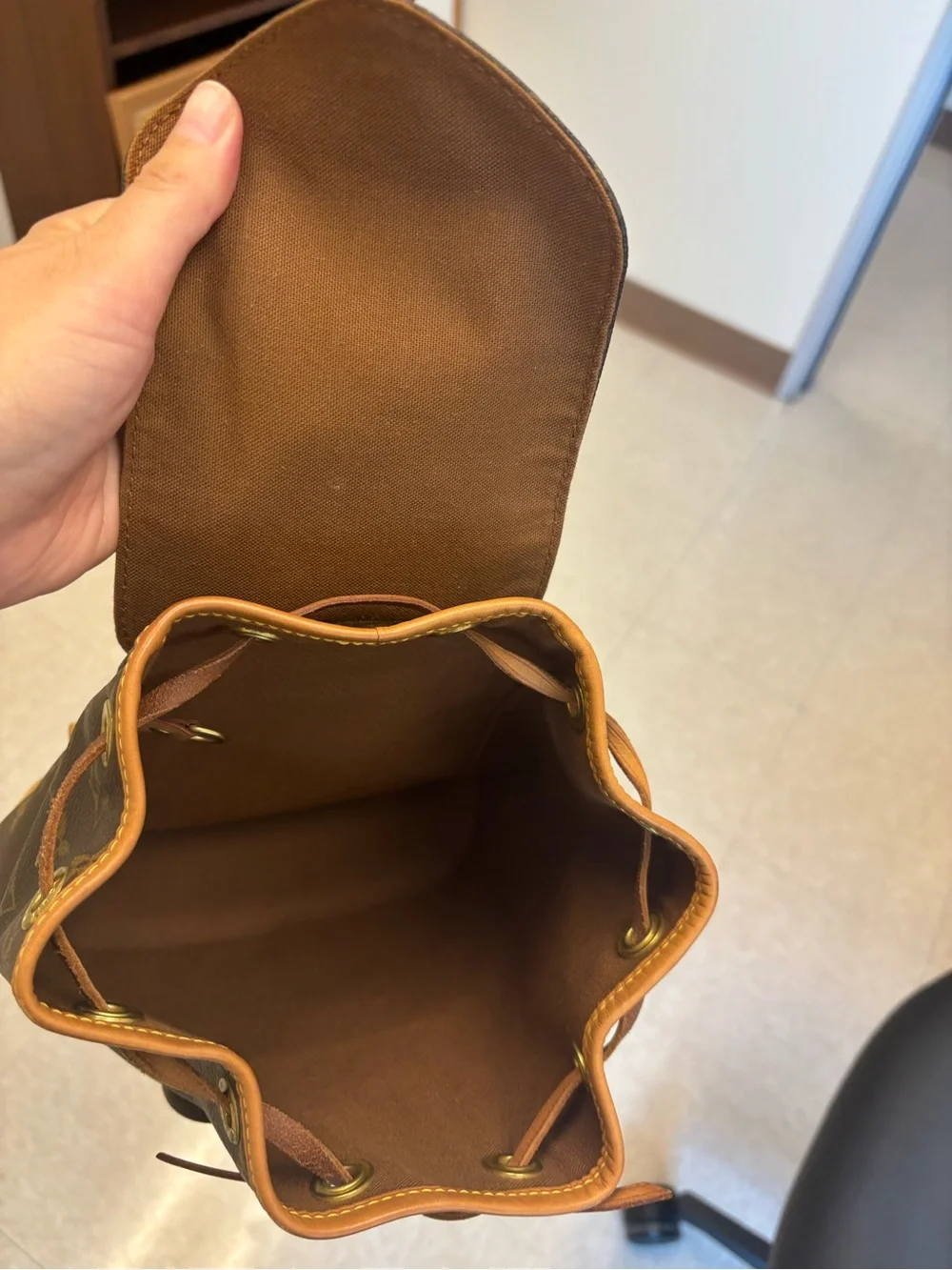 Louis Vuitton Brown Monogram Canvas Drawstring Backpack with Tan Trim